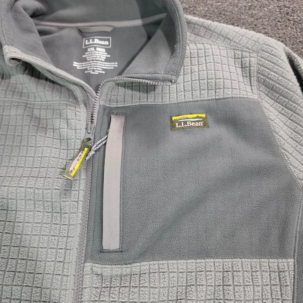 L.L.‎ Bean Fleece Jacket Mens XXL Gray Grid Tech Full Zip Sweater 508982 Hiking